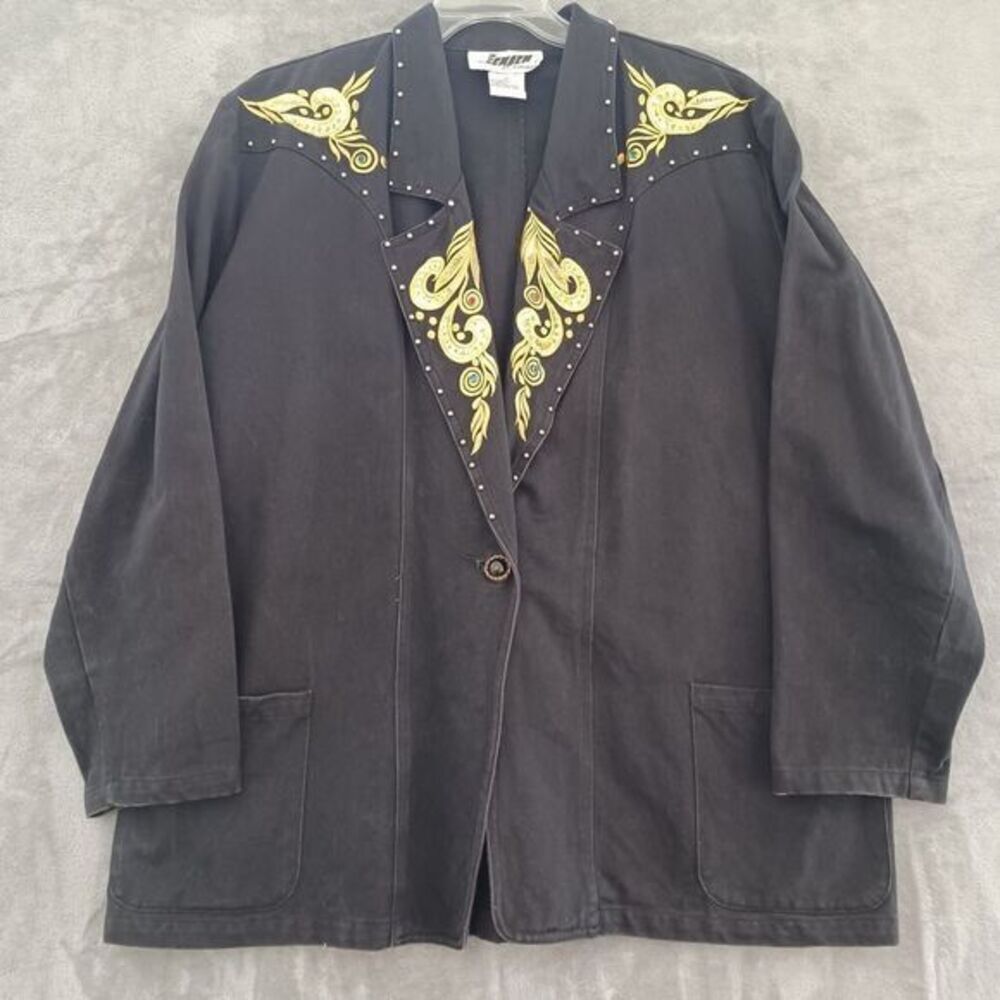 Vtg Western Jean Jacket Blazer 2X Cowgirl JenJen Black Gold Embroider Rhinestone